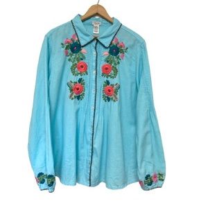 Tasha Polizzi Blue Floral Embroidered Button Down Shirt